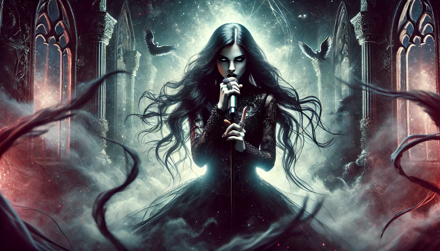 Gothic female metal vocalist on stage with mist, crimson light, and a haunting backdrop of gothic arches.