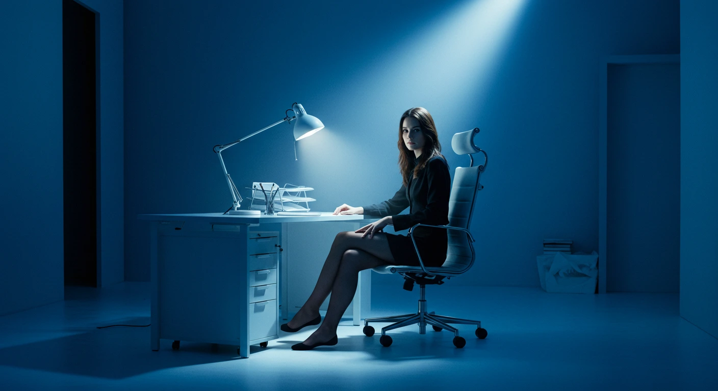 Woman at minimalist desk under single spotlight in blue-toned office, dramatic cinematic mood.