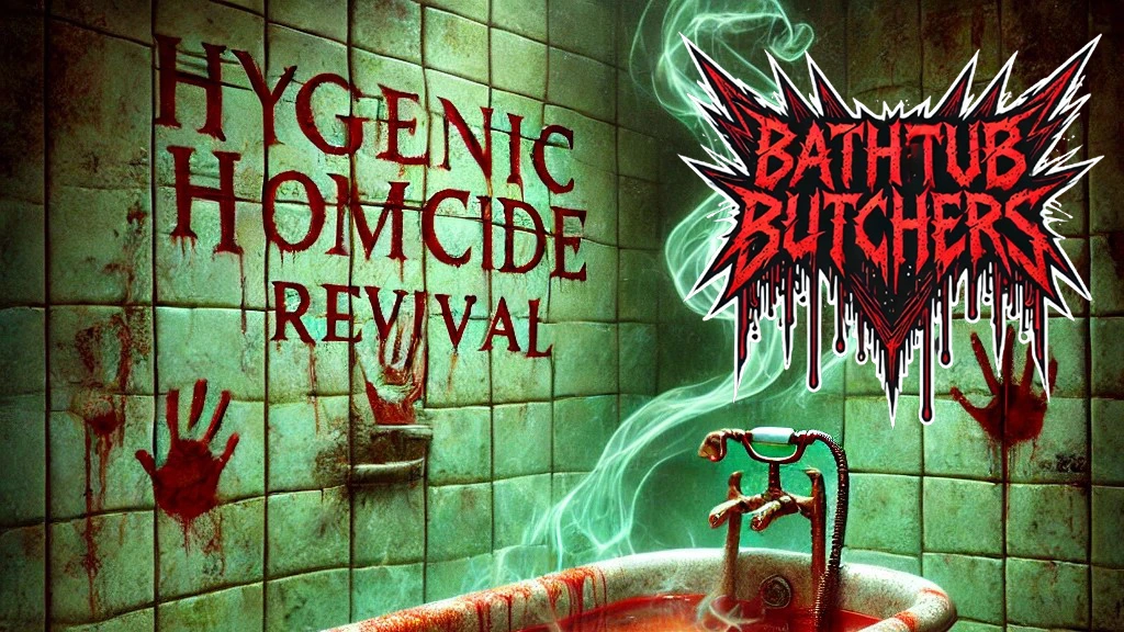 Album cover for Hygienic Homicide Revival featuring blood-stained bathroom tiles, the Bathtub Butchers logo, and eerie green mist surrounding a sinister environment.
