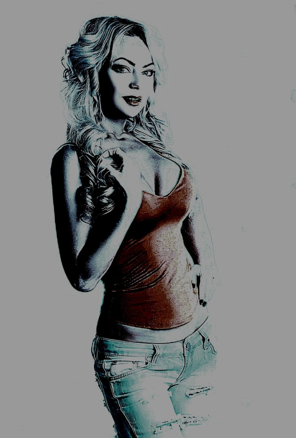 Stylized image of a woman in a fitted tank top with confident body language, exuding retro-glam allure.