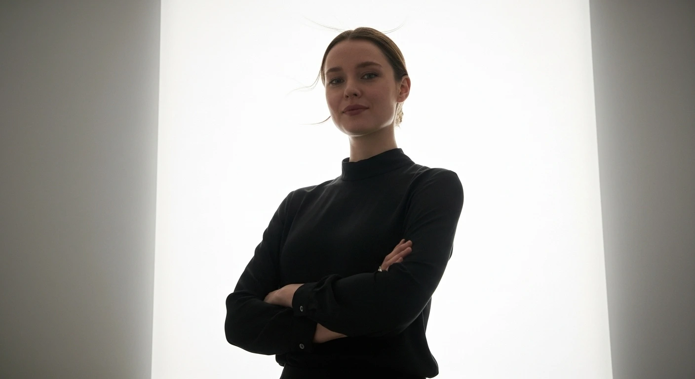Confident woman in black top crosses arms, backlit by stark white light from doorway.