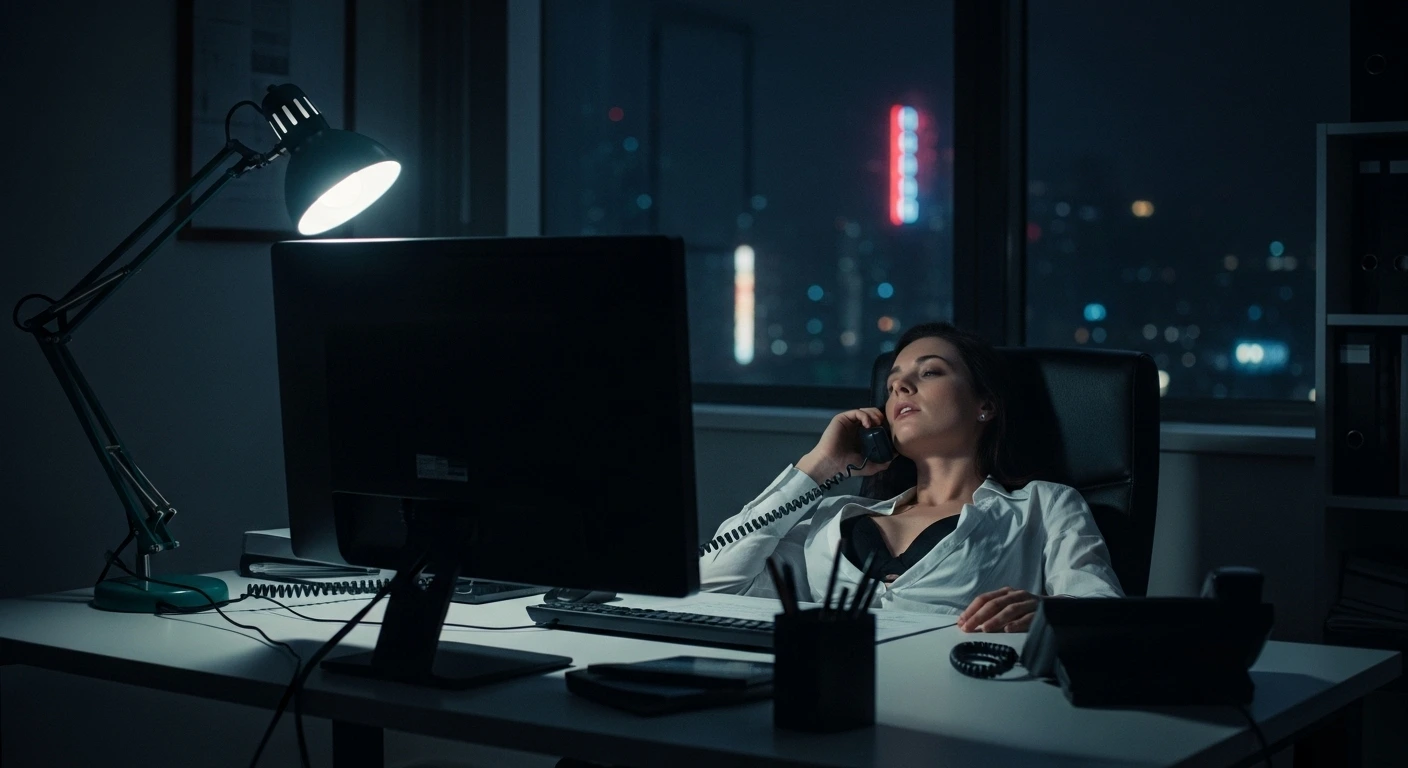 Woman in office chair speaks on phone at night, city lights glowing outside window.