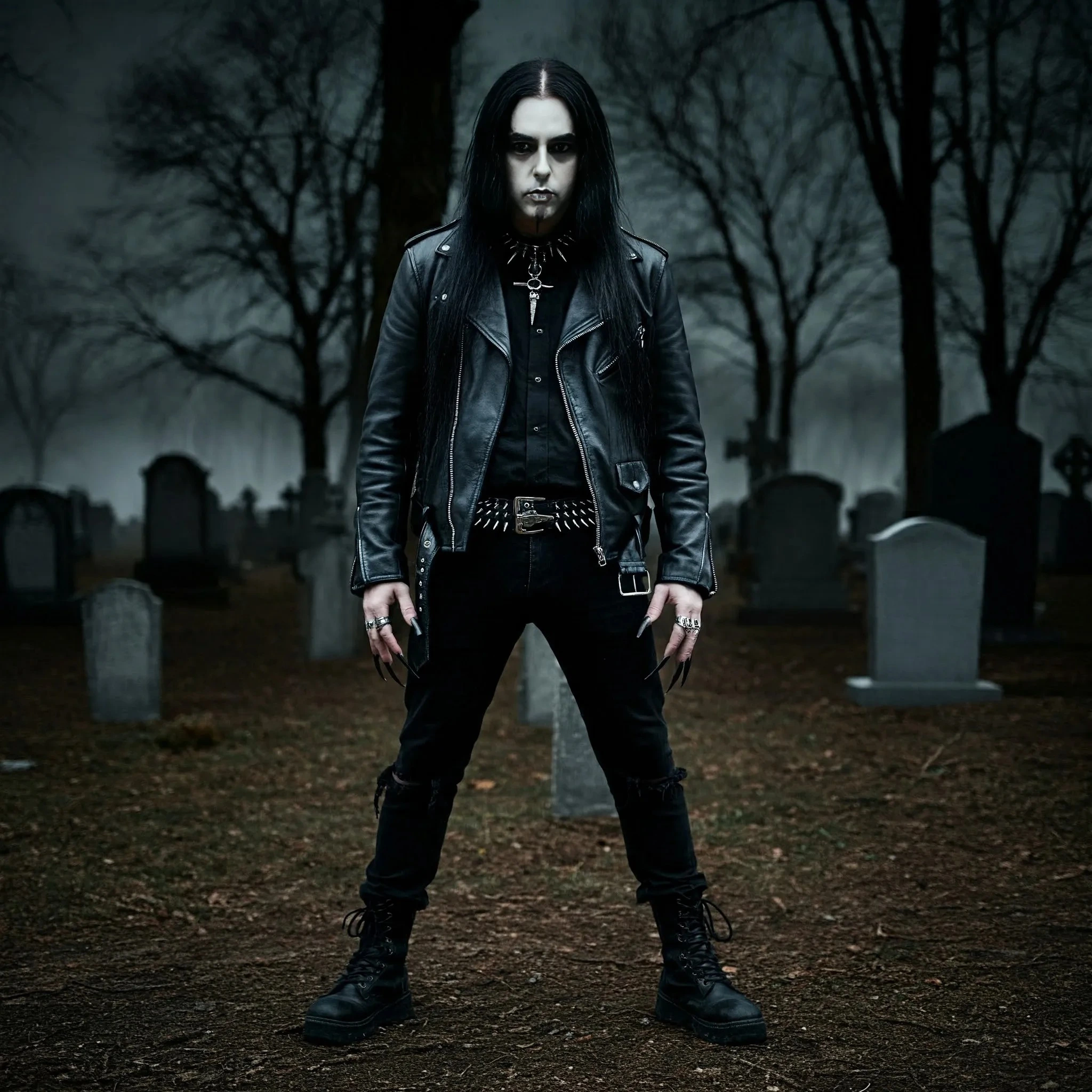 A gothic man standing in a graveyard at dusk, dressed in black leather and spikes, surrounded by gravestones and fog, capturing a brooding and haunting atmosphere.