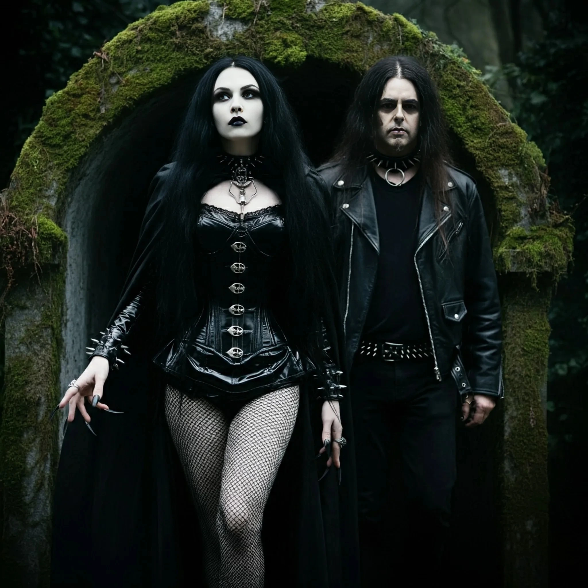 A gothic couple standing in front of a moss-covered stone arch, dressed in black leather and corsets, embodying dark elegance and macabre style.