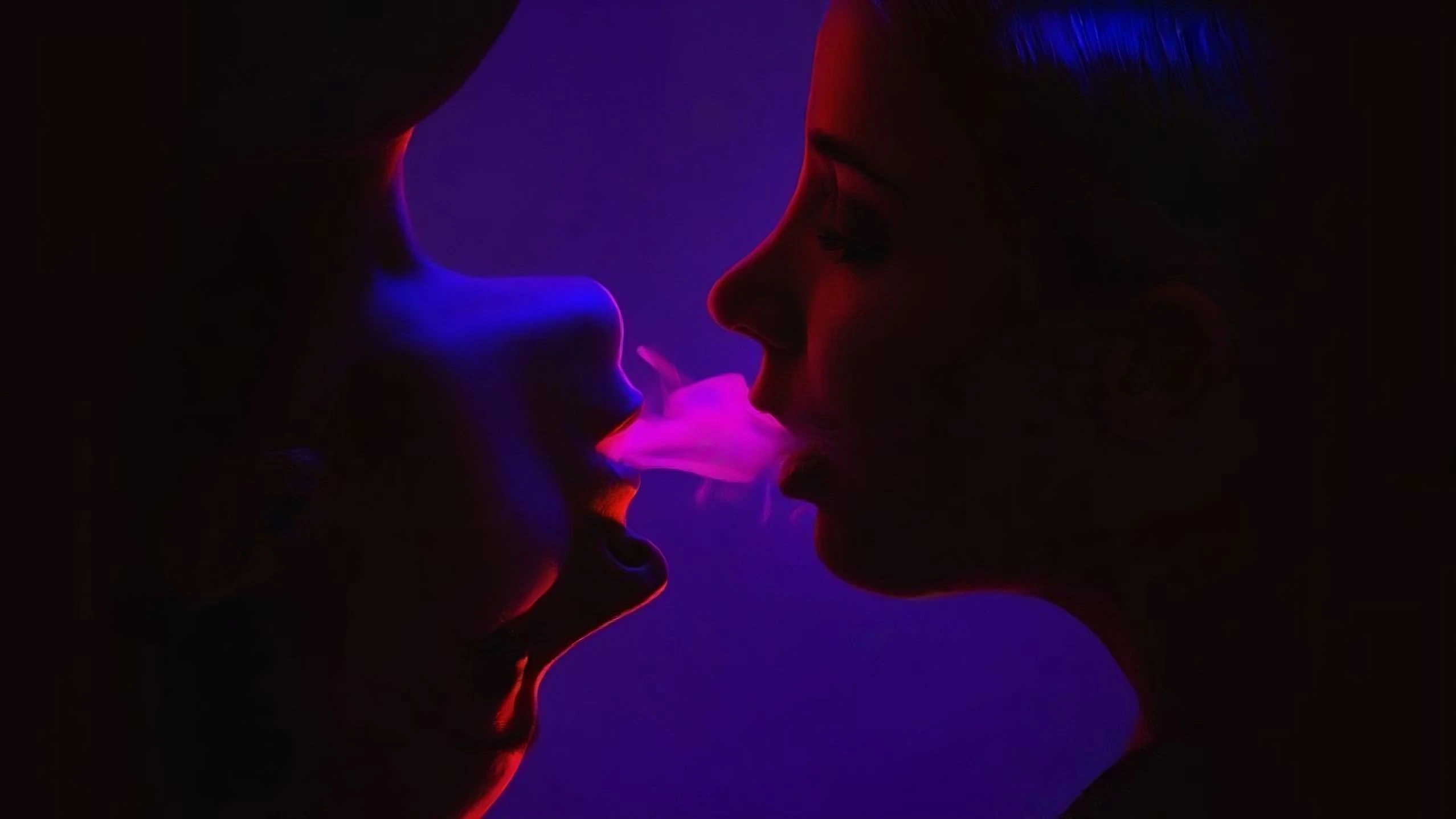 Two silhouettes facing each other in neon blue and pink lighting, with smoke passing between them.