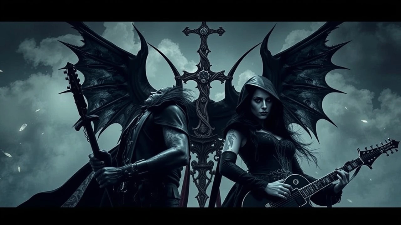 Gothic woman in a hooded robe with a crown and demonic wings, holding a guitar, representing the defiant spirit of anti-religious themes in the metal scene.