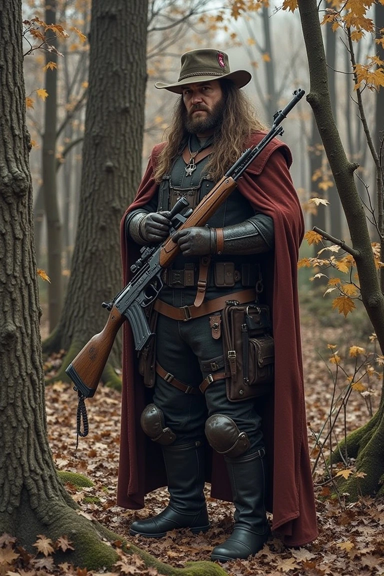 A rugged man dressed in a long red cloak and a wide-brimmed hat holds a classic rifle, standing amidst an autumn forest, portraying an old-world warrior spirit.