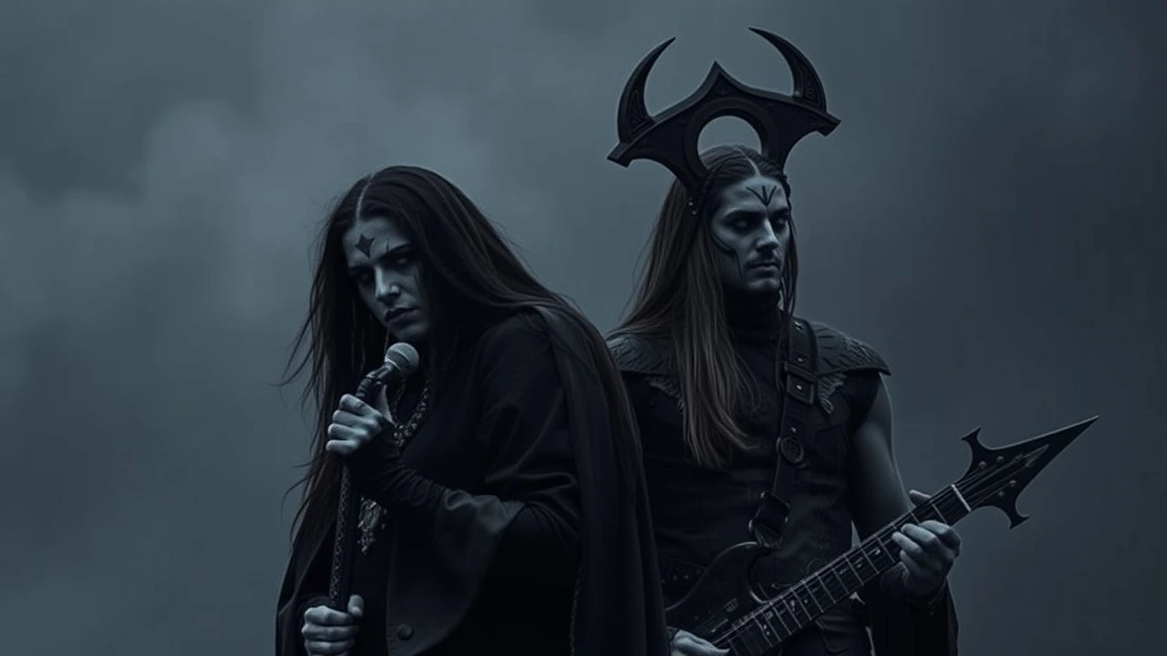 Gothic man and woman with dark attire, holding guitars, and surrounded by a cross and demonic wings, symbolizing the defiance and anti-religious themes prevalent in metal music.