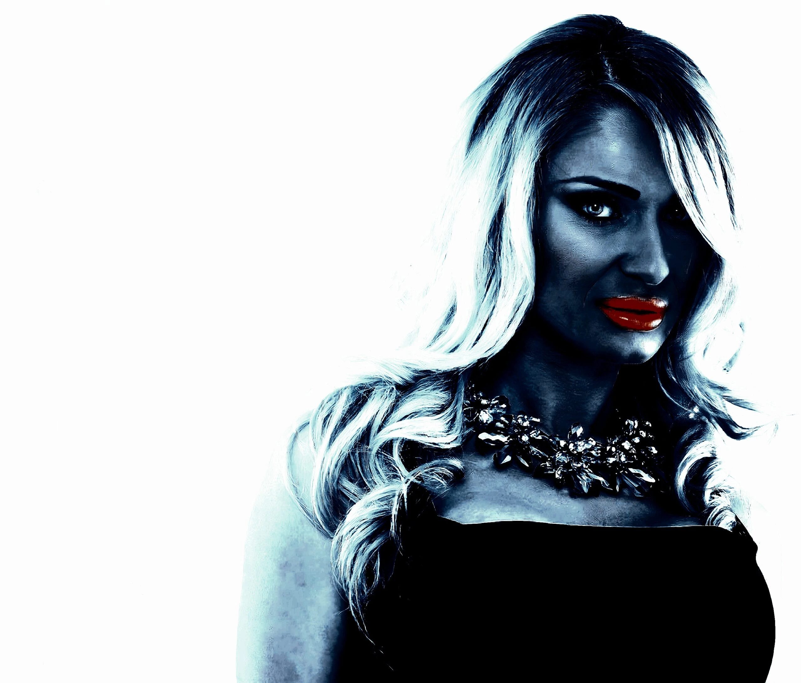 A woman with blonde hair and bold red lipstick, wearing a statement necklace and a dark top, set against a high-contrast light background, giving a dramatic and mysterious vibe.