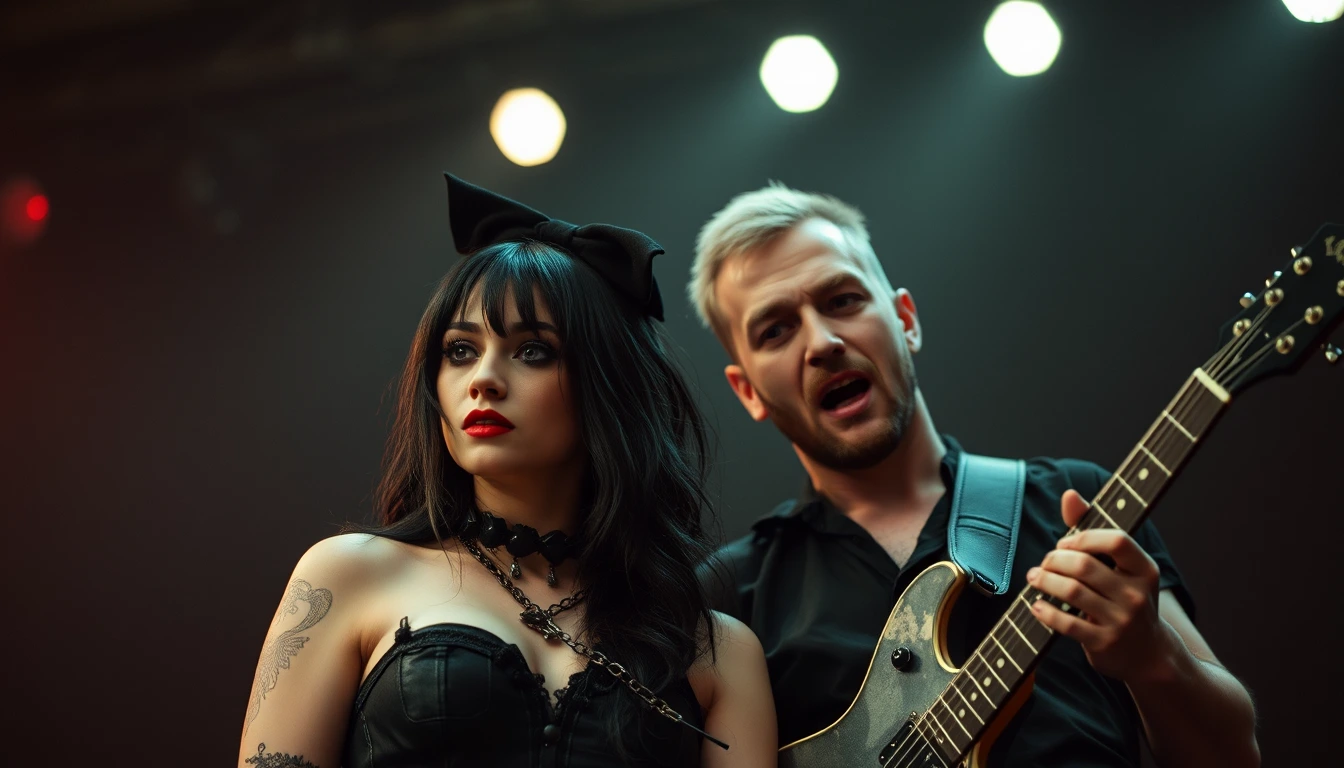 A gothic woman with dark hair, a black bow, and red lipstick stands next to a male guitarist wearing black clothing, both illuminated under dramatic stage lights.