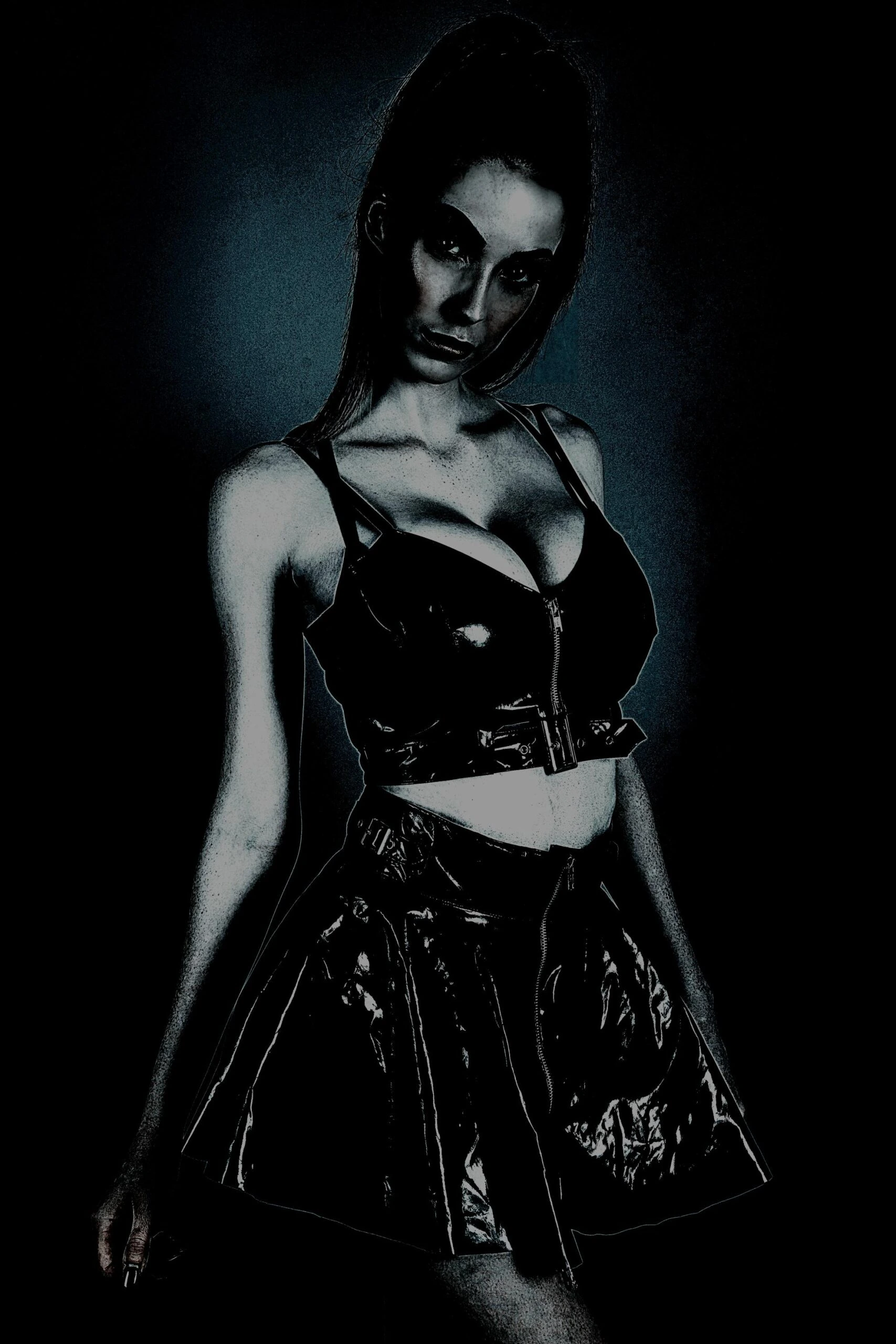 A model in a black latex crop top and matching skirt, styled with bold gothic vibes.