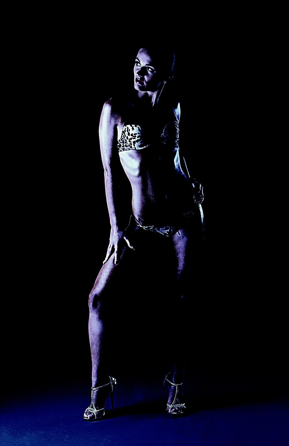 Woman in leopard print lingerie posing dramatically against a dark background.
