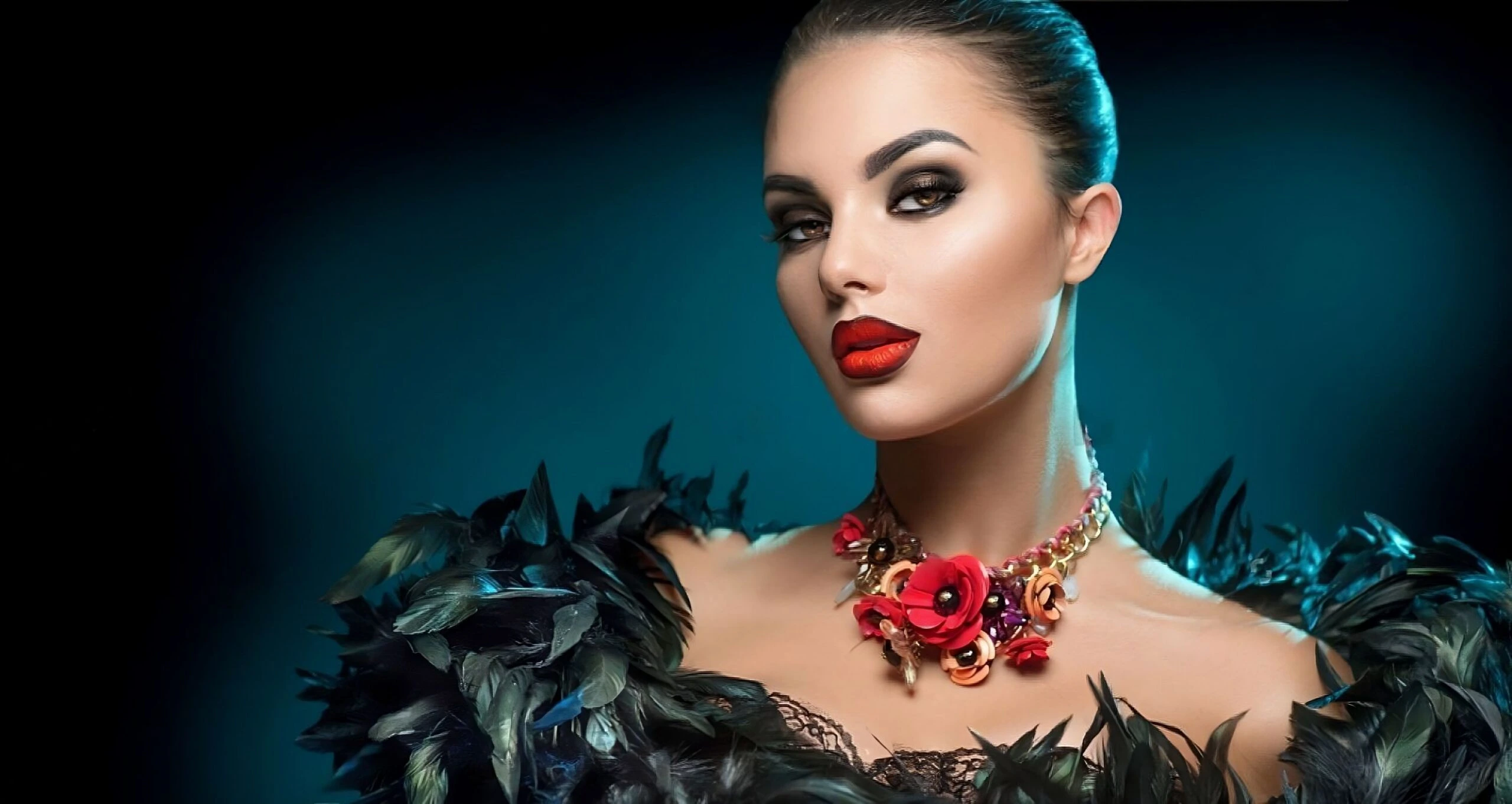 Glamorous woman in a feathered outfit, with bold red lips and intense eye makeup, exuding a dark, gothic elegance.