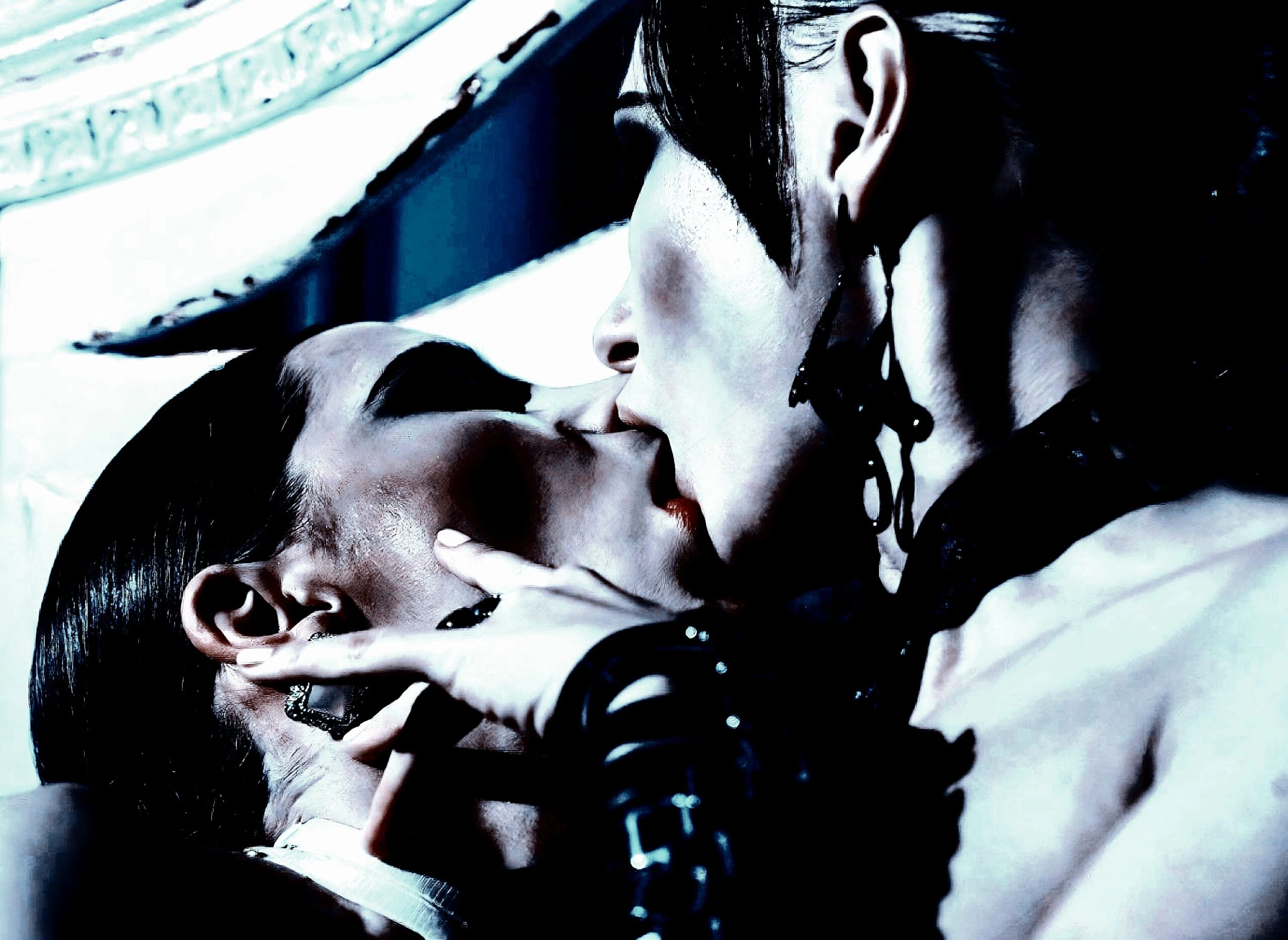 A gothic couple entwined on a dark bed, their bodies illuminated under dramatic lighting.