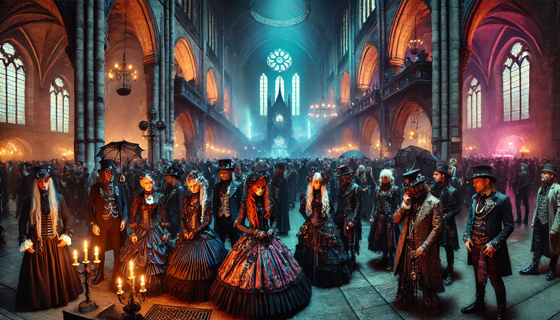 A vibrant and moody scene from Wave Gotik Treffen 2024, with attendees in elaborate Victorian and cyber-goth costumes, gathered in a historic cathedral-like venue filled with atmospheric lighting.