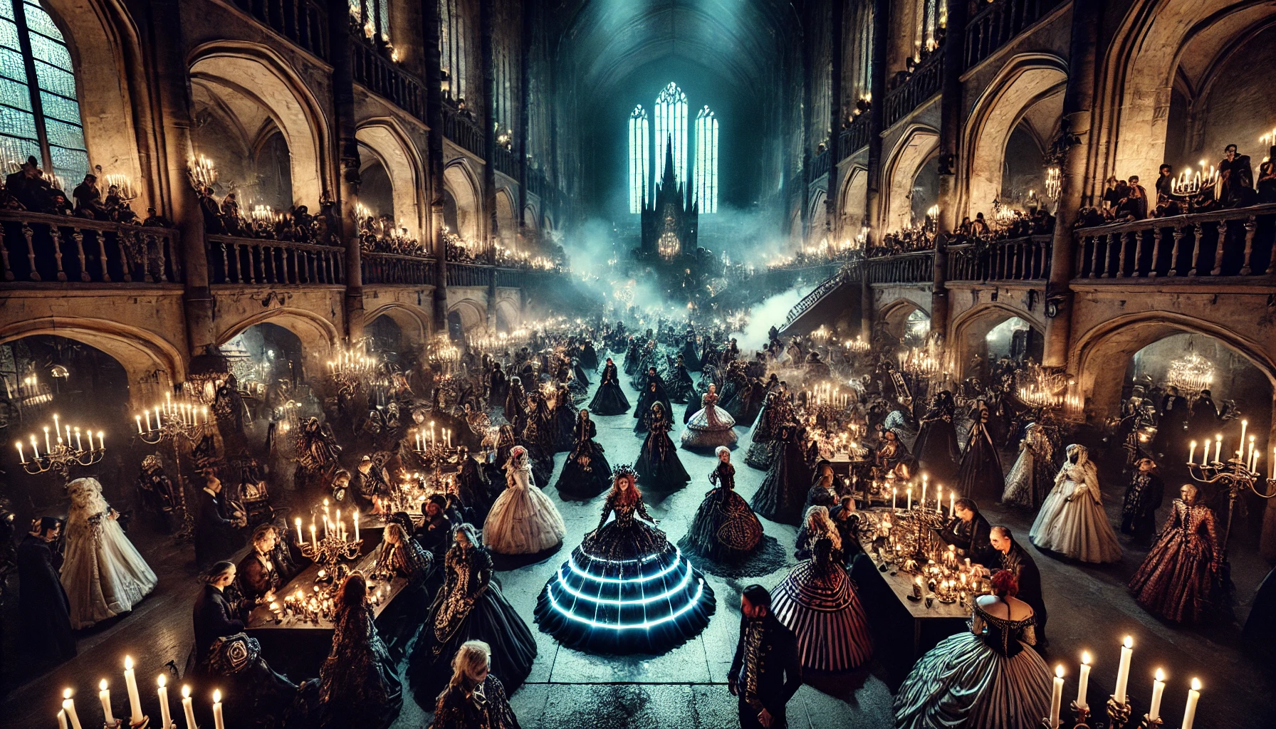 A dramatic scene at Wave Gotik Treffen 2024, featuring a large crowd in Victorian and cyber-goth outfits, illuminated by candlelight in a grand gothic hall.