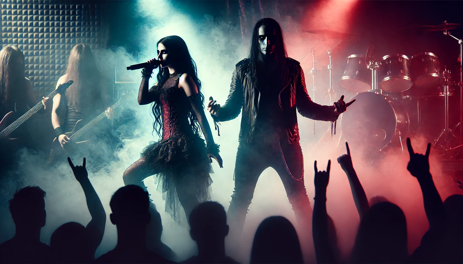 A powerful concert scene with two intense vocalists on stage, under red and blue backlighting, captivating the crowd.