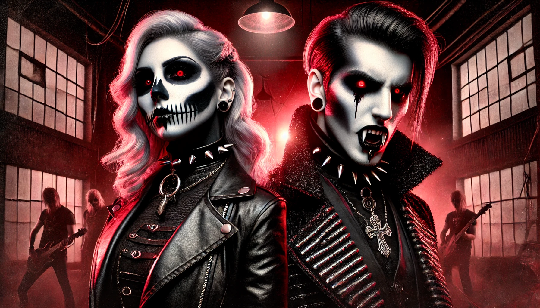 Dynamic illustration inspired by one of Scarlet's vocalists, featuring a fierce female with skeleton-like face paint and a male with a haunting vampire look.