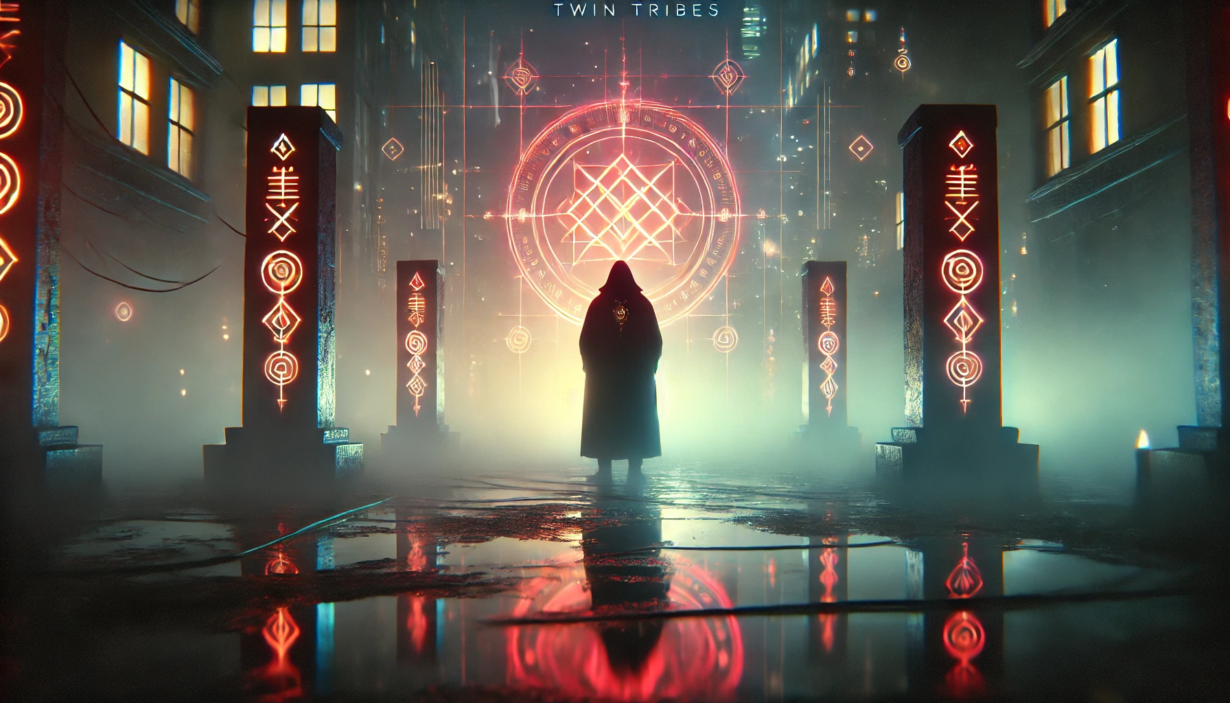 Dark and atmospheric image inspired by Twin Tribes, featuring a shadowy figure with neon lights in a mystical urban setting.