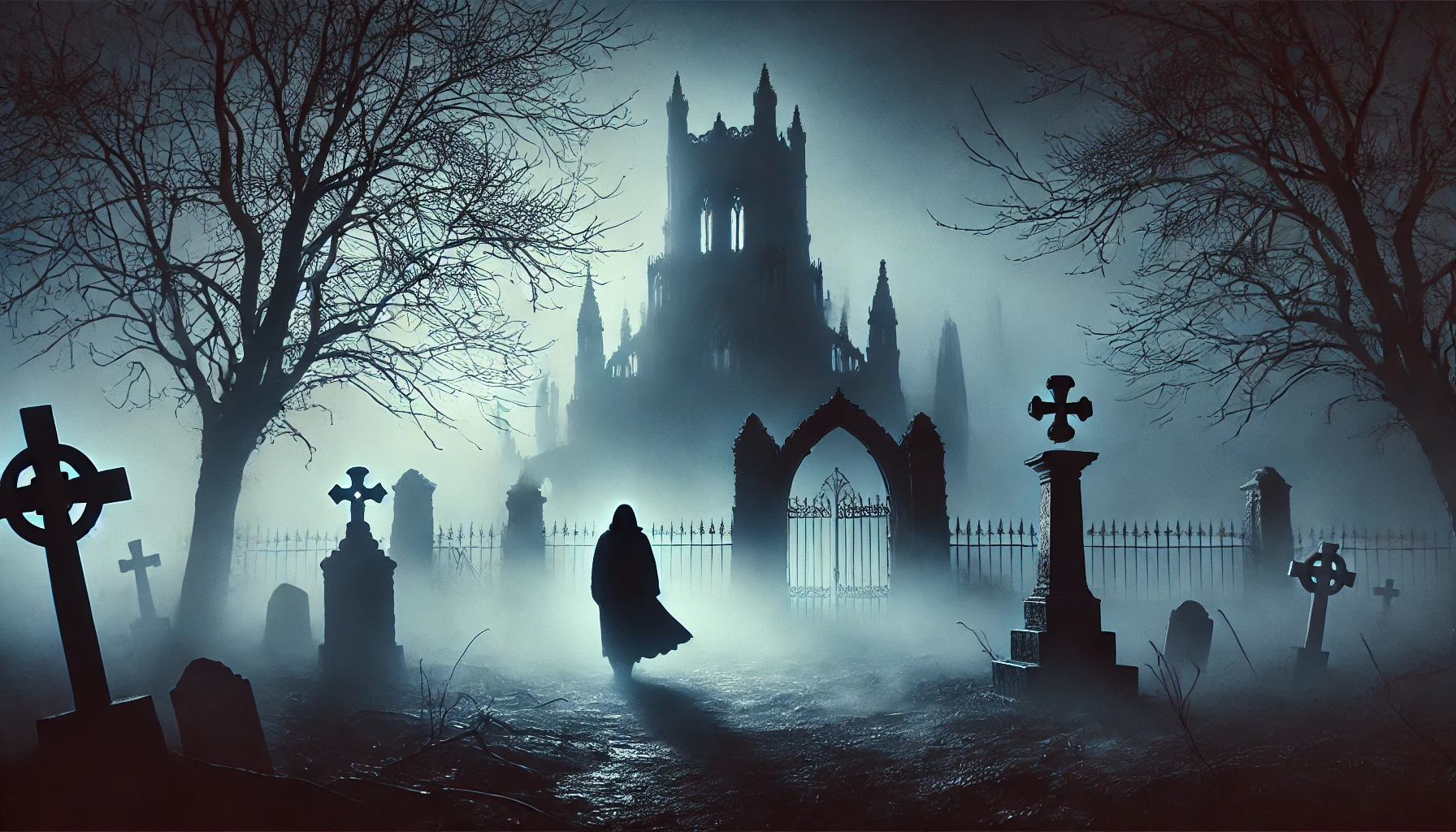 Dark and atmospheric image inspired by Clan of Xymox, featuring gothic architecture, fog, and a shadowy figure in a desolate setting.