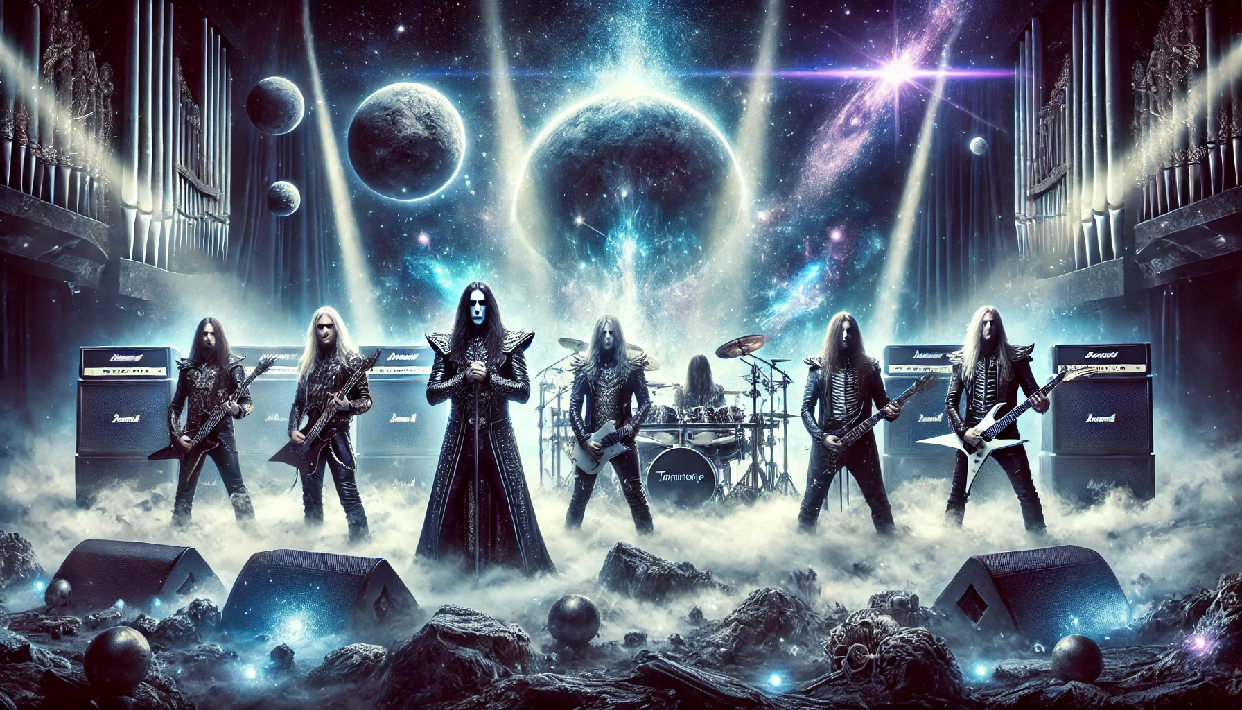 Symphonic metal band performing on a cosmic stage with glowing planets, vibrant lights, and dramatic mist, representing Temperance's epic sound.