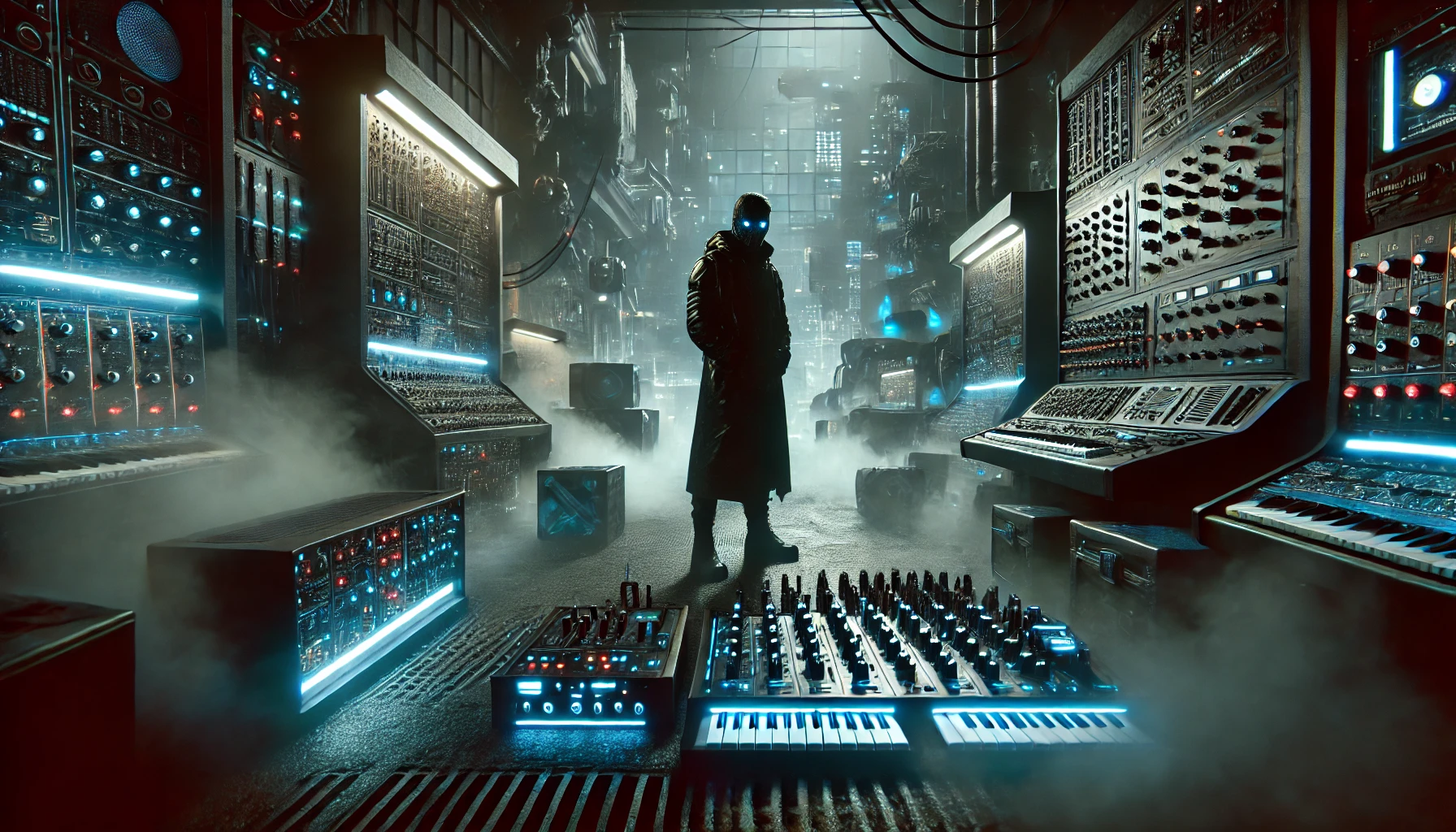 Dark industrial scene with a shadowy figure, neon synths, and machinery in a dystopian urban setting, perfect for Synth Attack blog.