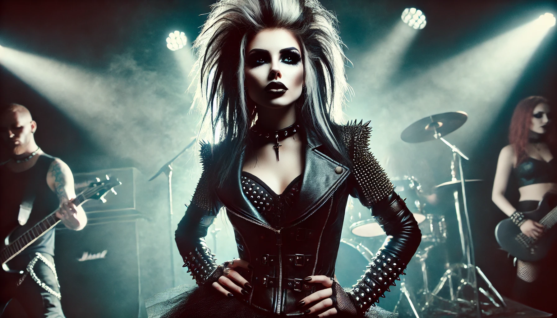 Fierce female metal vocalist on stage, embodying punk-metal energy with bold makeup, leather clothing, and intense charisma, under dramatic stage lighting with a smoky background.