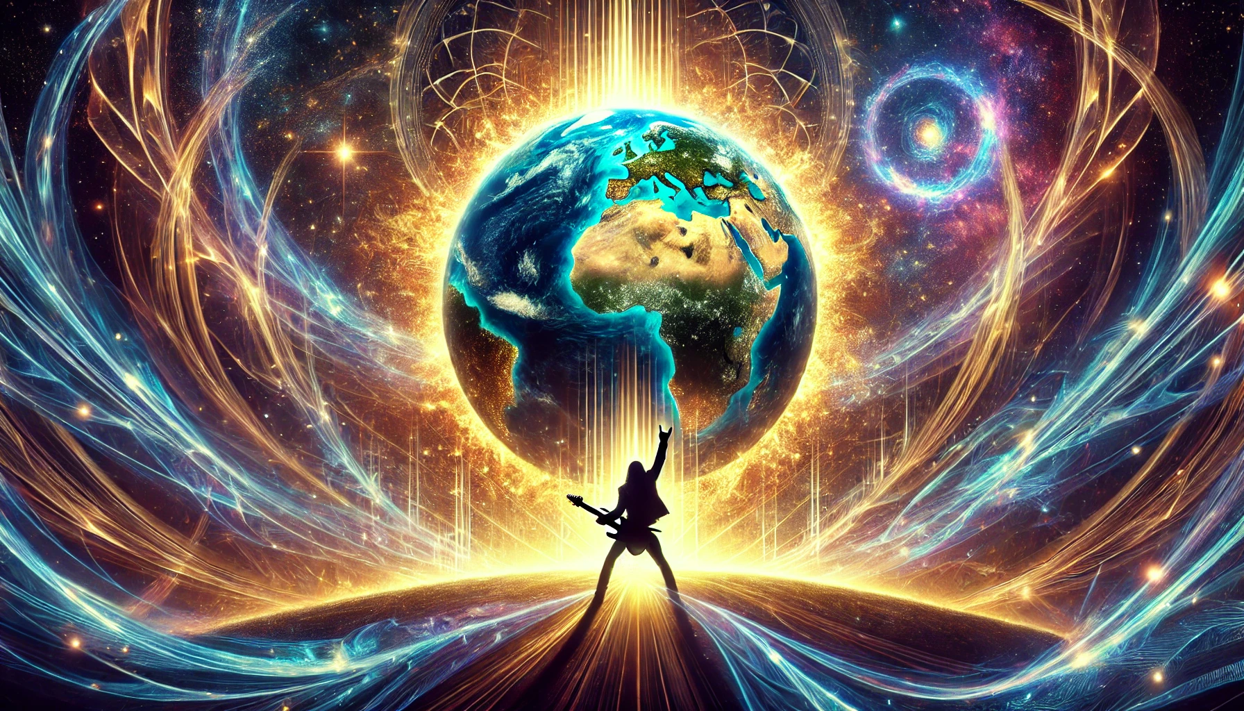 Glowing Earth with energy waves, cosmic galaxy background, and a guitarist silhouette symbolizing unity and power of music.