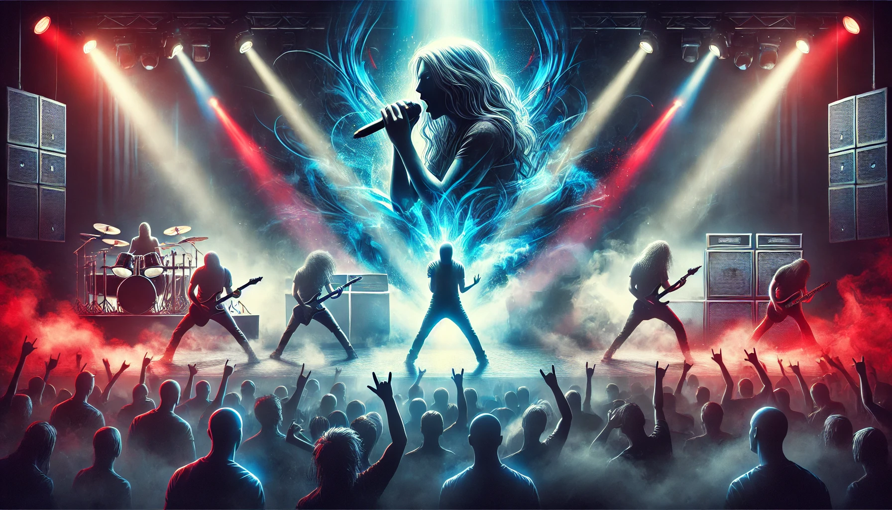 Epic digital artwork of a Finnish metal band performing on stage with vibrant blue and red lights, a dynamic crowd, and intense energy.