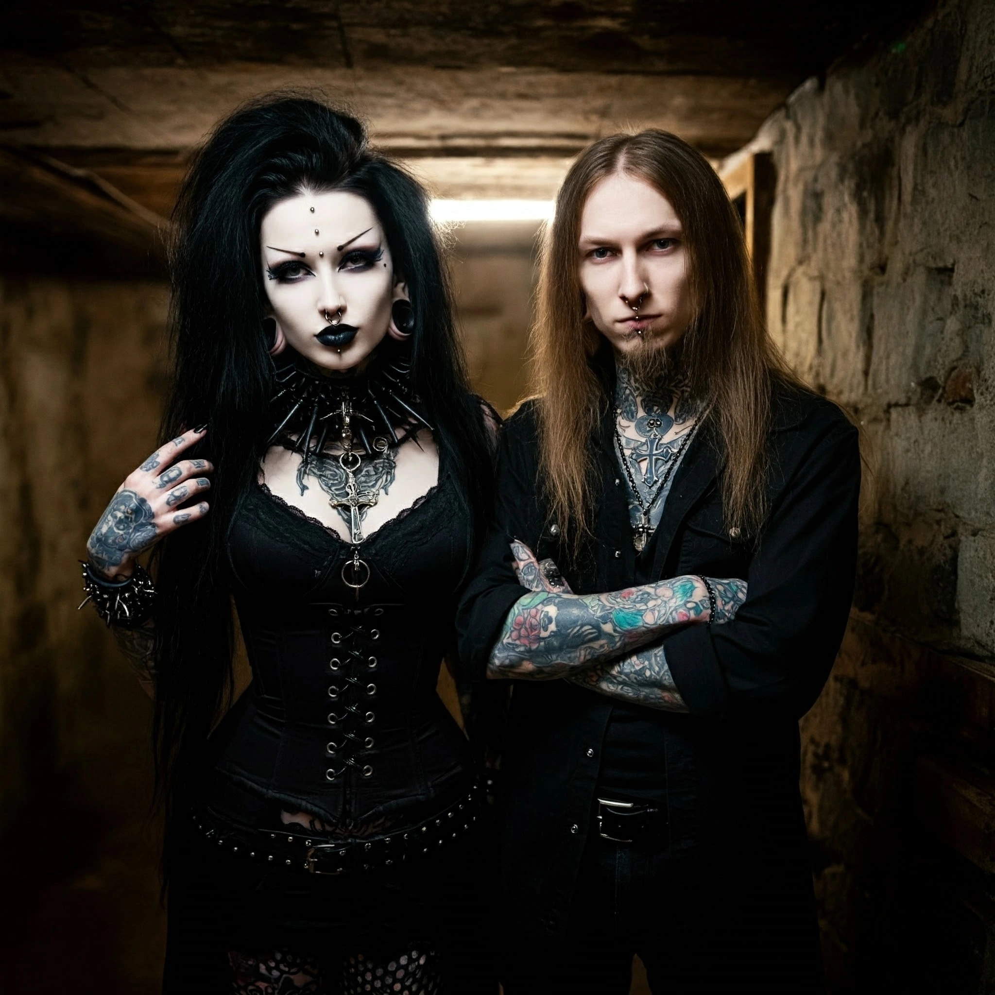 "Gothic woman and black metalhead male in dark attire, tattoos, piercings, and intense makeup in a dimly lit underground hallway." "Gothic couple with piercings, tattoos, in dark alleyway; shadowy figures in background add intensity and rebellious vibe." "Close-up of gothic woman and metalhead male with piercings, tattoos, dark makeup, against neutral background." "Gothic woman and tattooed man facing each other in profile, showcasing alternative fashion, piercings, and tattoos." "Gothic woman and metalhead male with piercings, tattoos, and dark makeup in industrial hallway; intense goth and metal vibe."