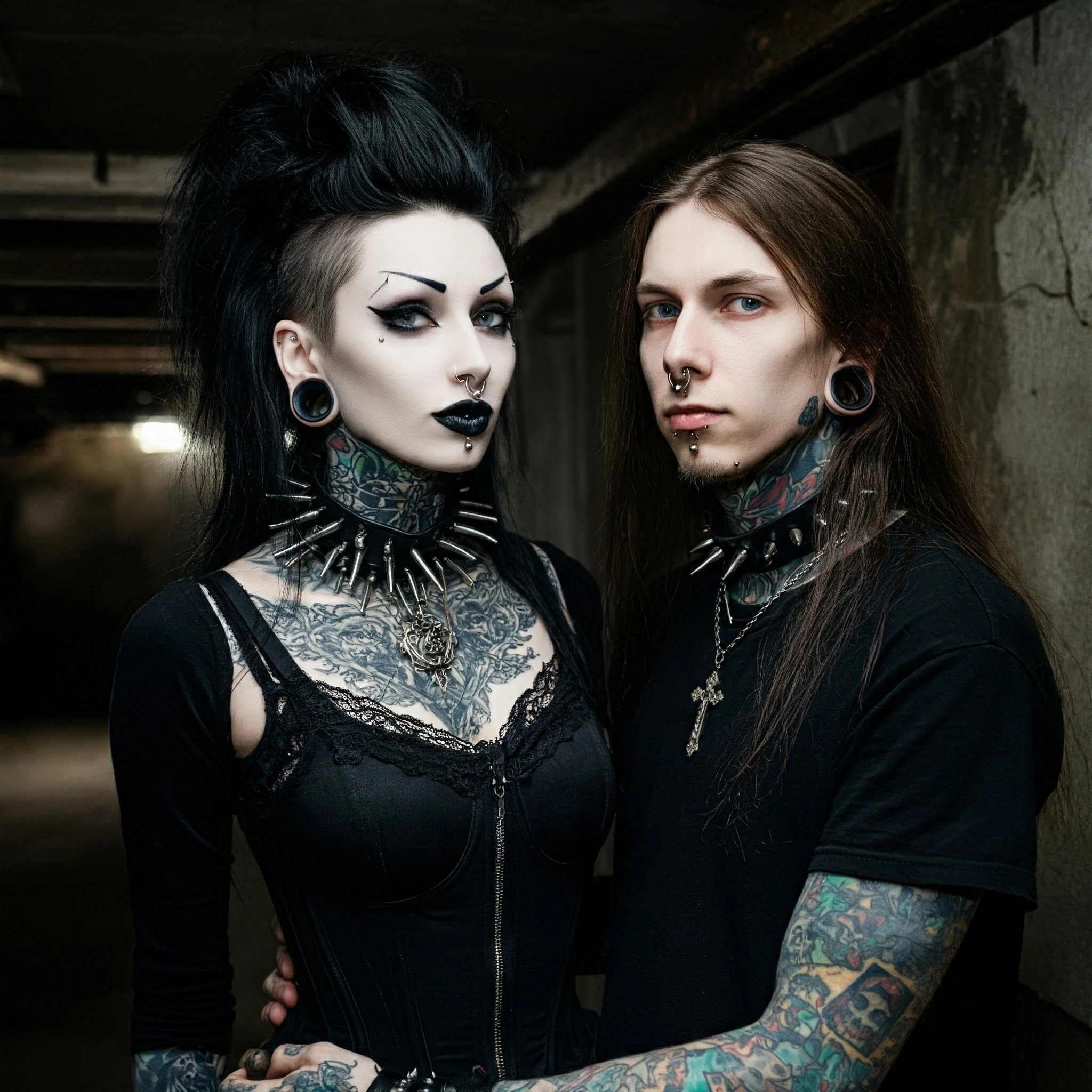 Gothic woman and black metalhead male with piercings, tattoos, and dark attire, standing together in dim, gritty hallway.