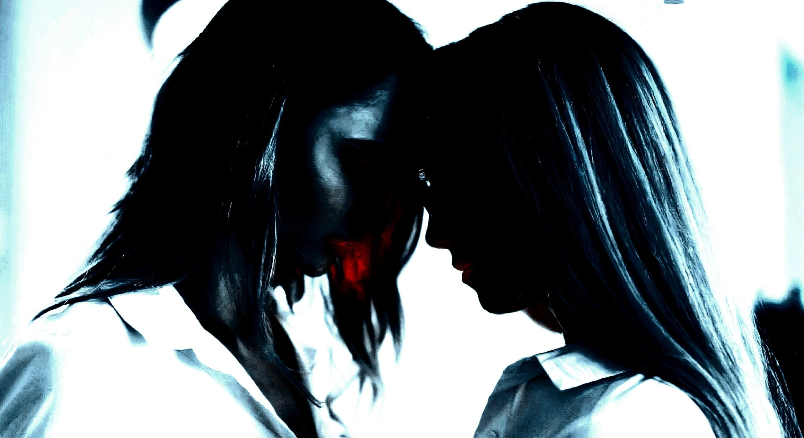 Two women in white shirts, with their foreheads touching in a tender, almost confrontational pose, creating a mix of intimacy and tension in high-contrast lighting.