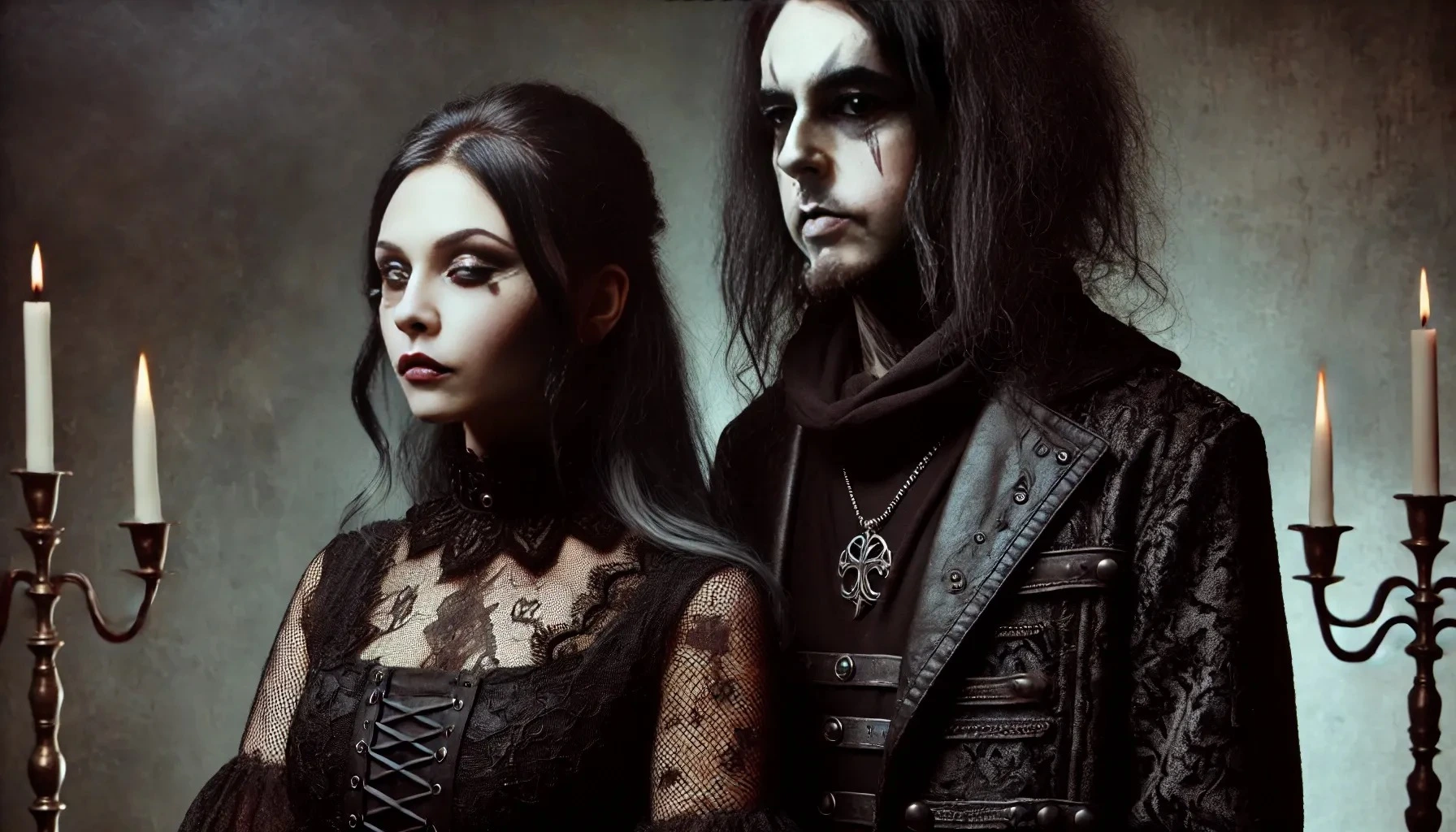 Gothic woman and black metalhead man standing side-by-side, with a solemn expression, representing unity and introspection.
