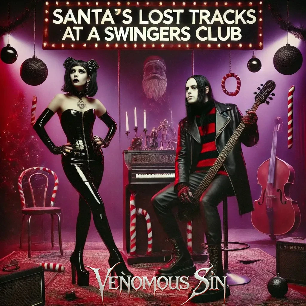 Full album cover of Venomous Sin's 'Santa's Lost Tracks at a Swingers Club' with a gothic couple, a black latex-clad woman, and a leather-clad bassist, surrounded by a piano, Christmas decorations, and a moody holiday atmosphere.