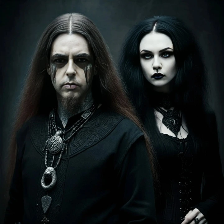 Black metalhead man with face paint and gothic woman in black, standing in a dark, atmospheric background. 