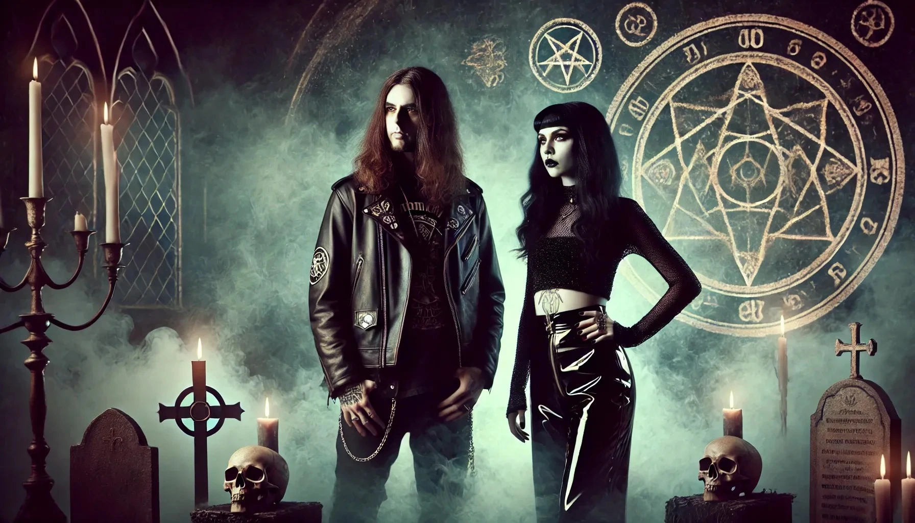 Black metalhead man and gothic woman in a mystical setting, surrounded by candles, skulls, and occult symbols on a foggy background.