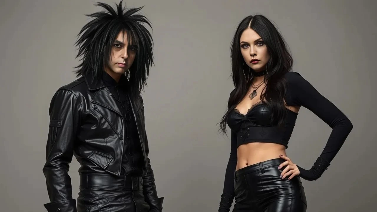 Black metal-inspired man with spiked hair and gothic woman in black leather, posed with intense expressions against a neutral backdrop.