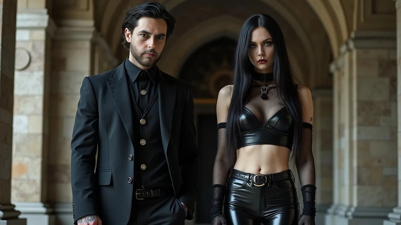 Gothic couple in dark clothing, with the woman in a leather crop top and PVC pants, standing in an ornate architectural hallway.