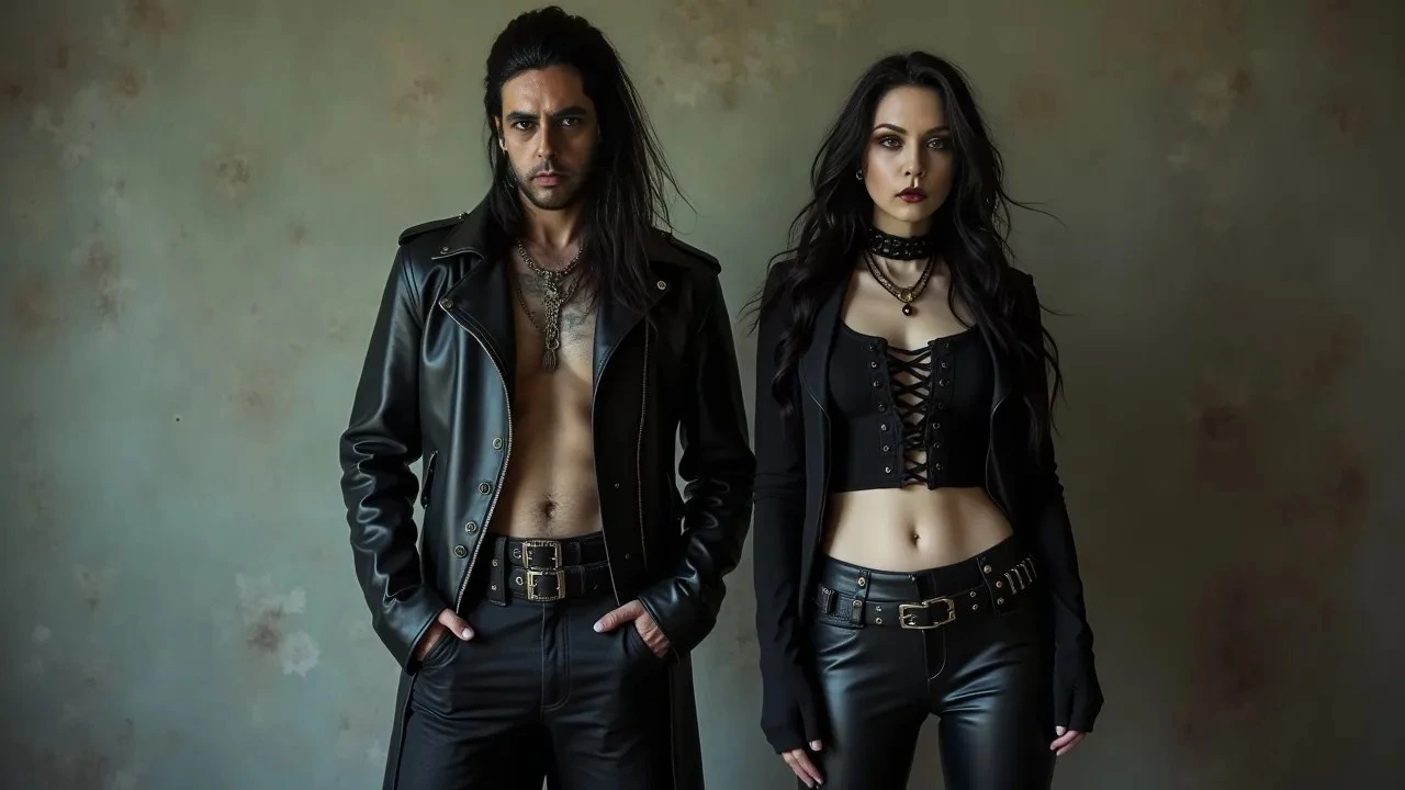 Black metal-inspired man with long hair and gothic woman in black leather outfits, standing with intense expressions against a minimalist background.