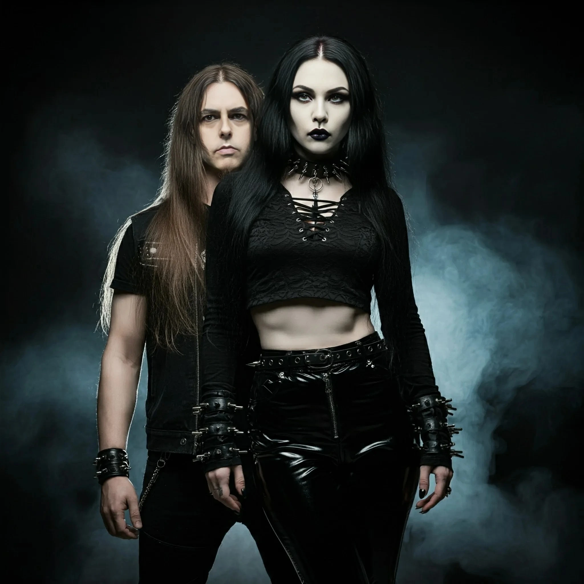 Gothic couple dressed in black, standing in a foggy, dark environment, with the woman in PVC pants and a crop top.