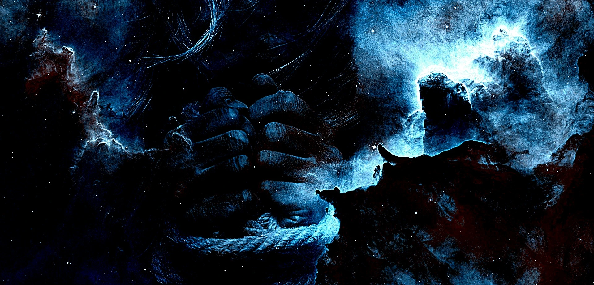 Surreal image of bound hands emerging from a cosmic nebula, blending fantasy and restraint.