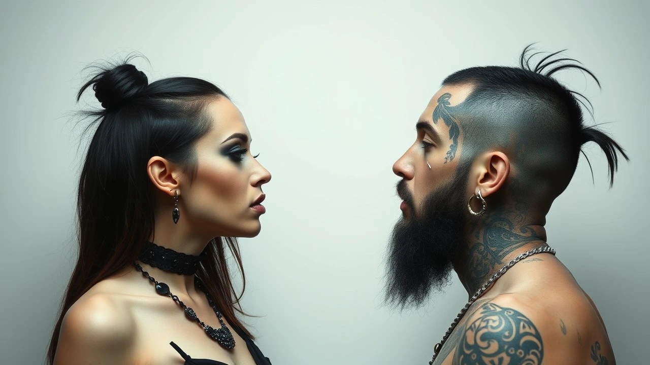 Gothic woman and tattooed man facing each other in profile, showcasing alternative fashion, piercings, and tattoos.