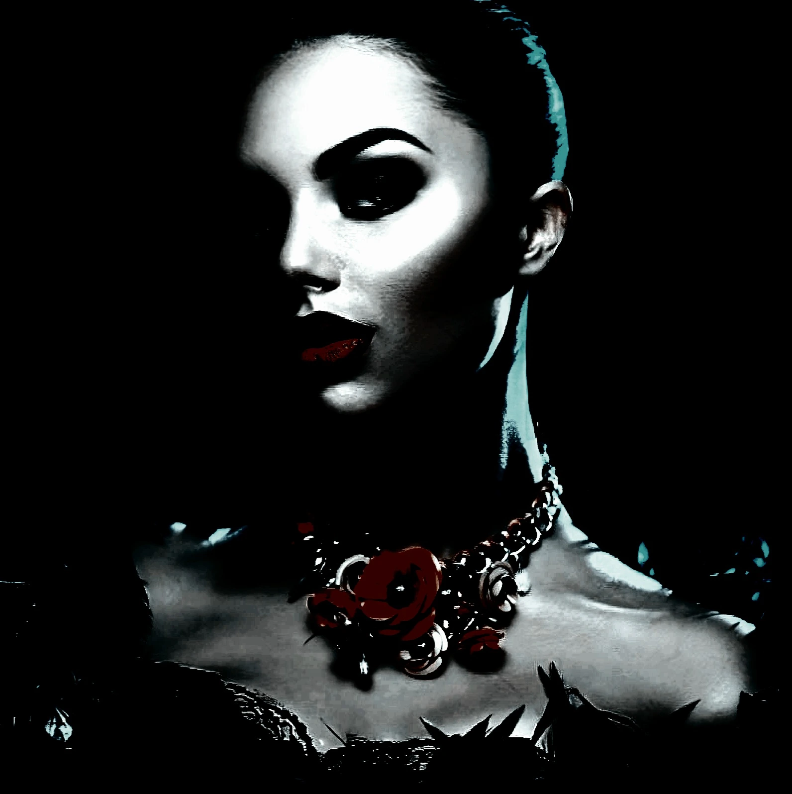 Elegant woman with dark makeup and red rose necklace, gazing intensely with shadowed face and lips painted dark red.