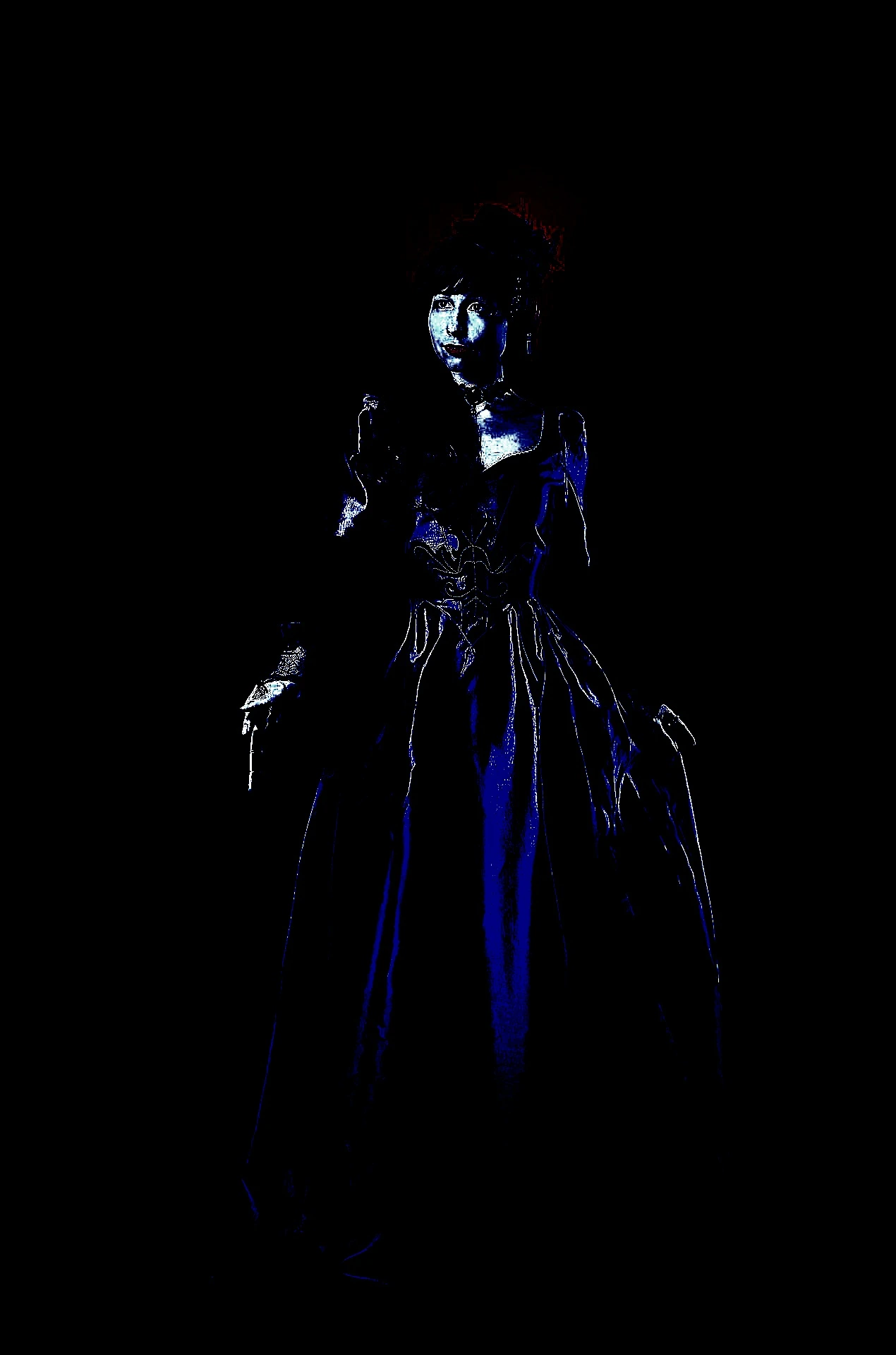 Mysterious woman in a dark Victorian-style gown standing in the shadows, exuding gothic elegance.