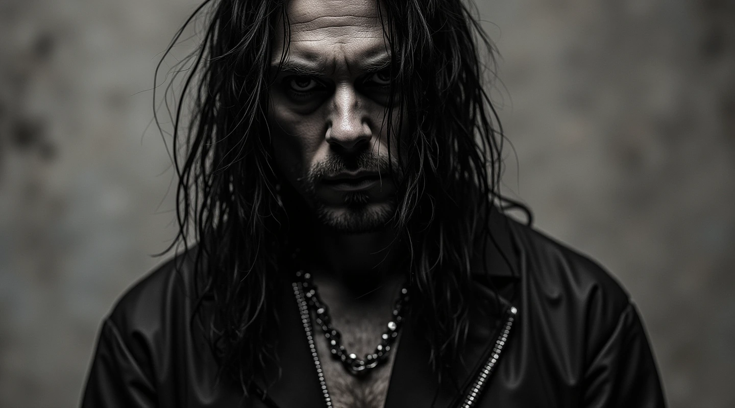 A dark portrait of a man with long black hair and a stern expression, wearing a black leather jacket in a dimly lit setting.