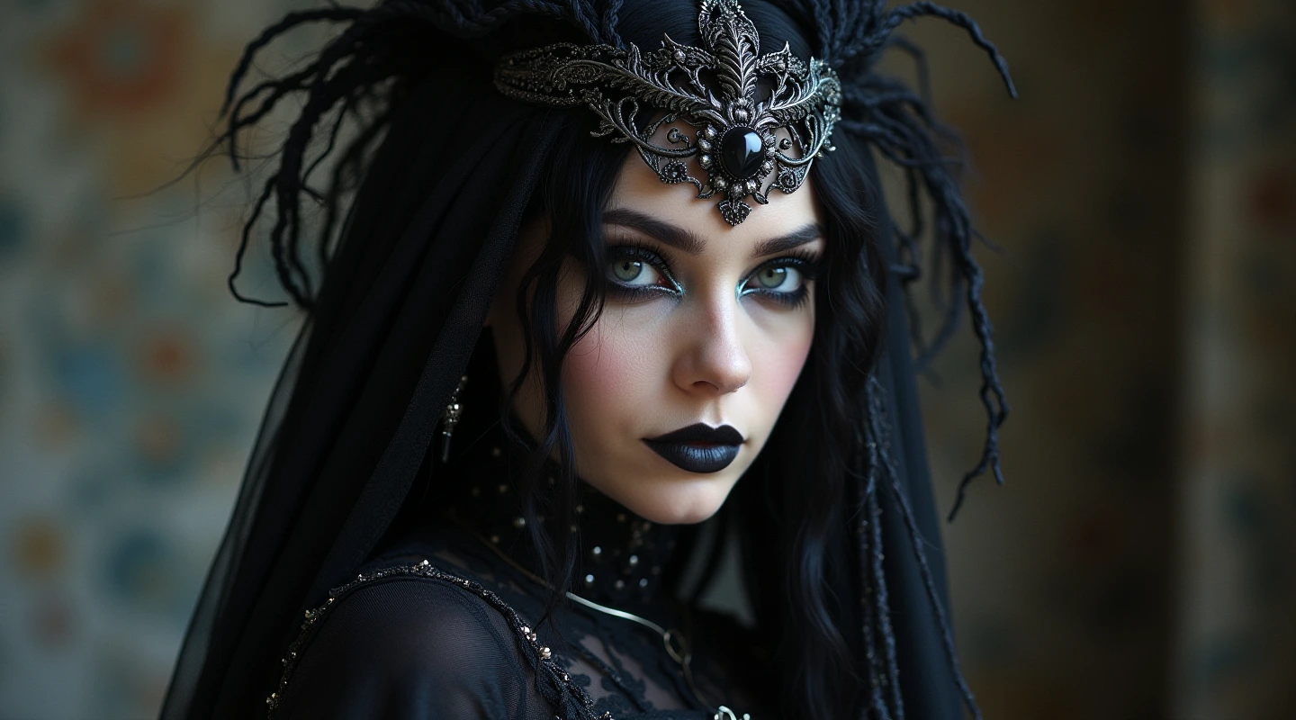 A gothic woman with dramatic makeup and an ornate black headdress, wearing an intricate black gown in a softly lit gothic interior.