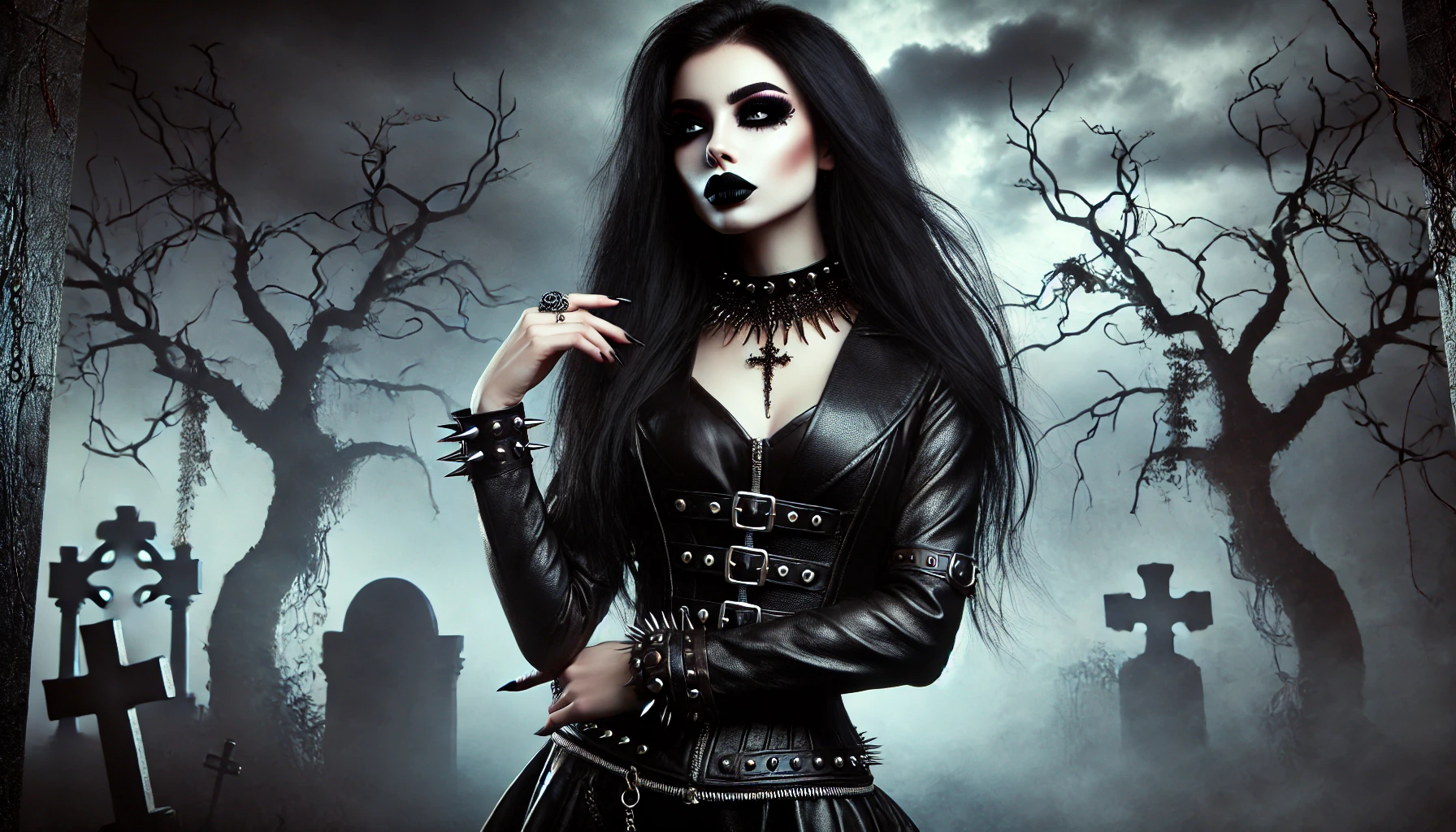 A gothic woman in a misty graveyard, wearing a black leather corset-style outfit with spikes and buckles, surrounded by twisted trees and grave markers.