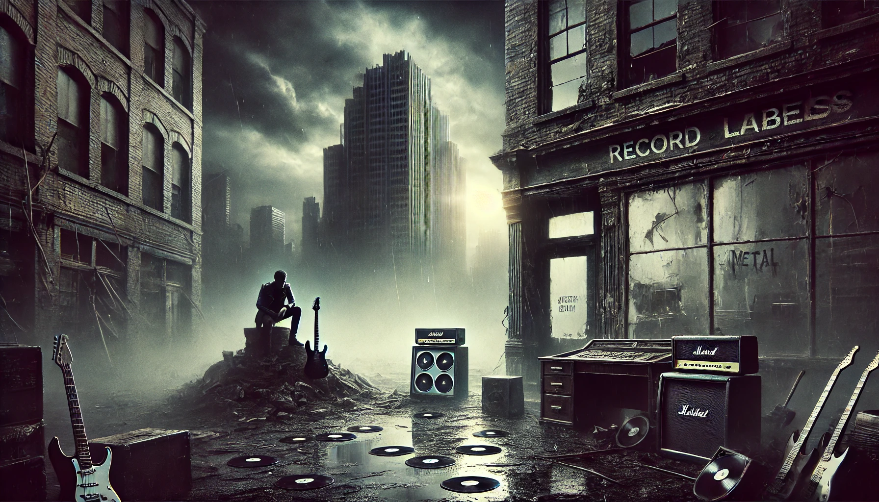 Moody image of a metal musician standing against a crumbling record label in a dystopian cityscape, symbolizing rebellion and change.