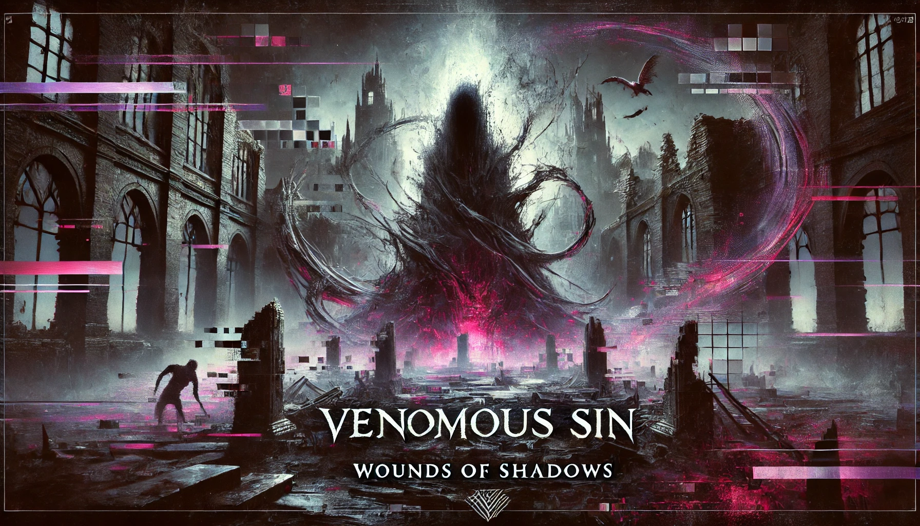 shadowy figure amid urban decay, swirling shadows with red and purple accents, digital glitch effects, and distressed typography in a 16:9 aspect ratio.