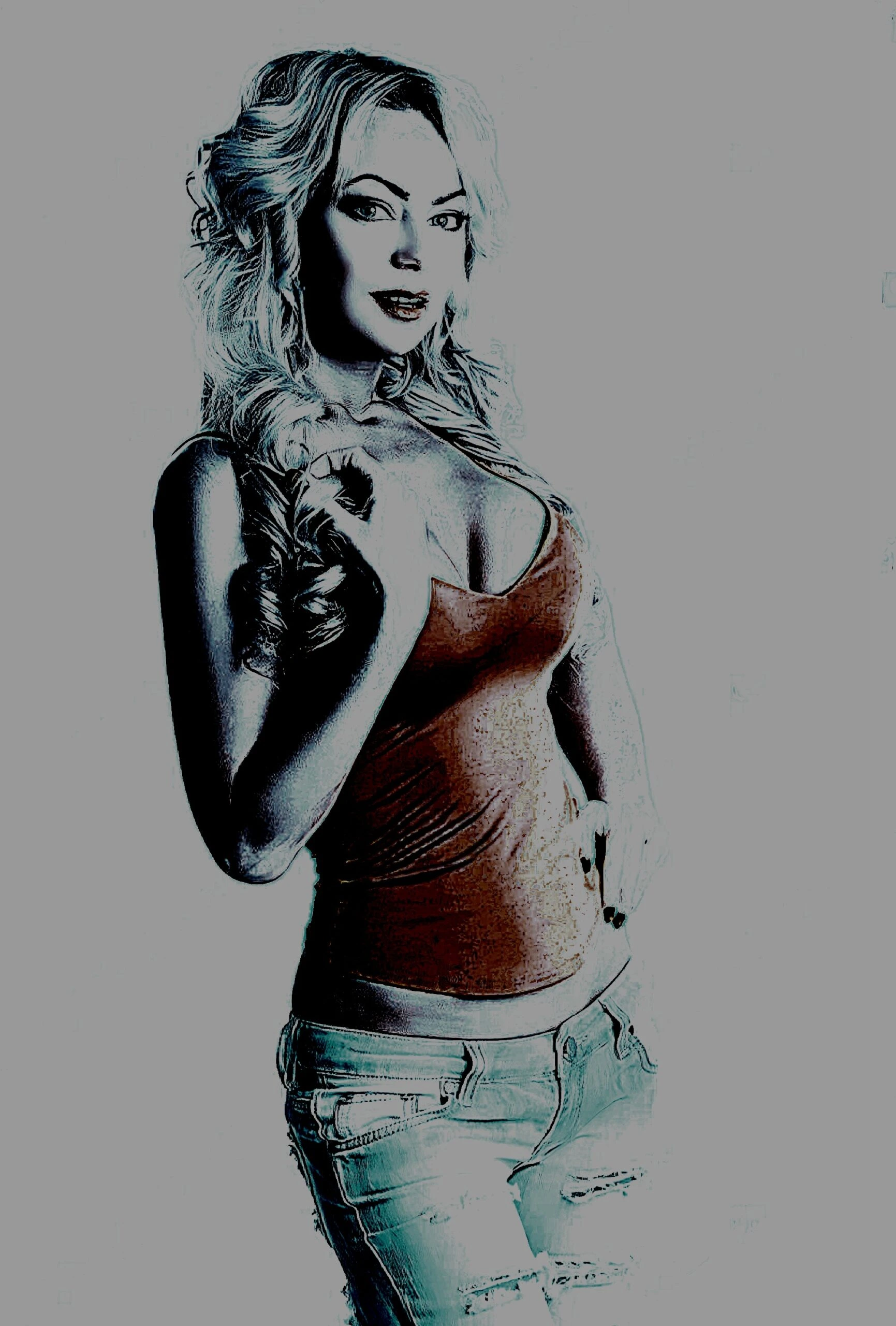 Stylized illustration of a woman in casual attire with long, wavy hair, exuding a confident yet playful vibe.